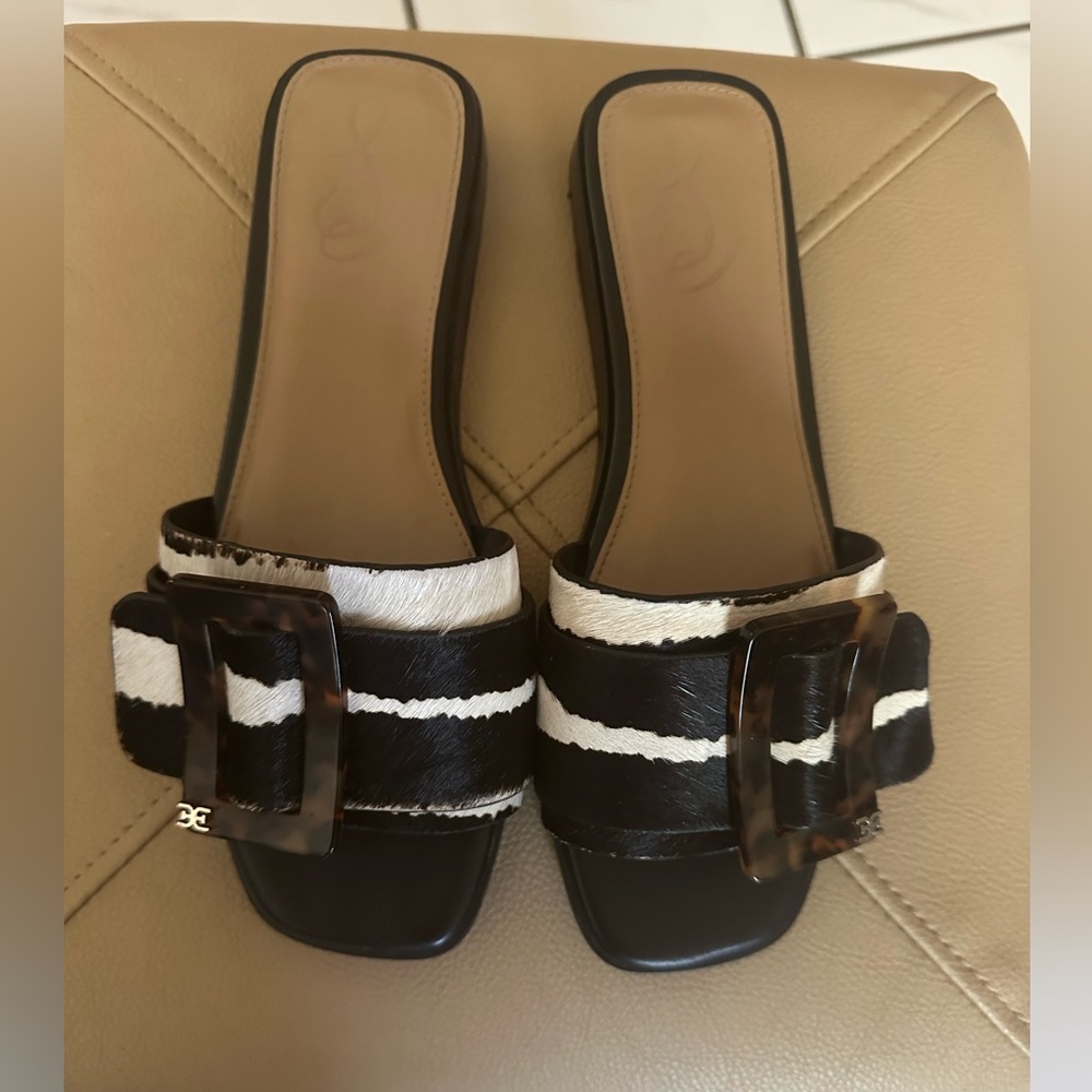 Sam Edelman Inez Calf Hair Leather Slides Size 7 Black & White, Tortoise shell